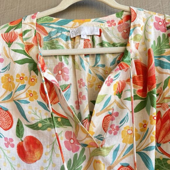 C&C California Linen Blend Floral Peasant Blouse Boho Puff Sleeve Top Sz M - Picture 7 of 7